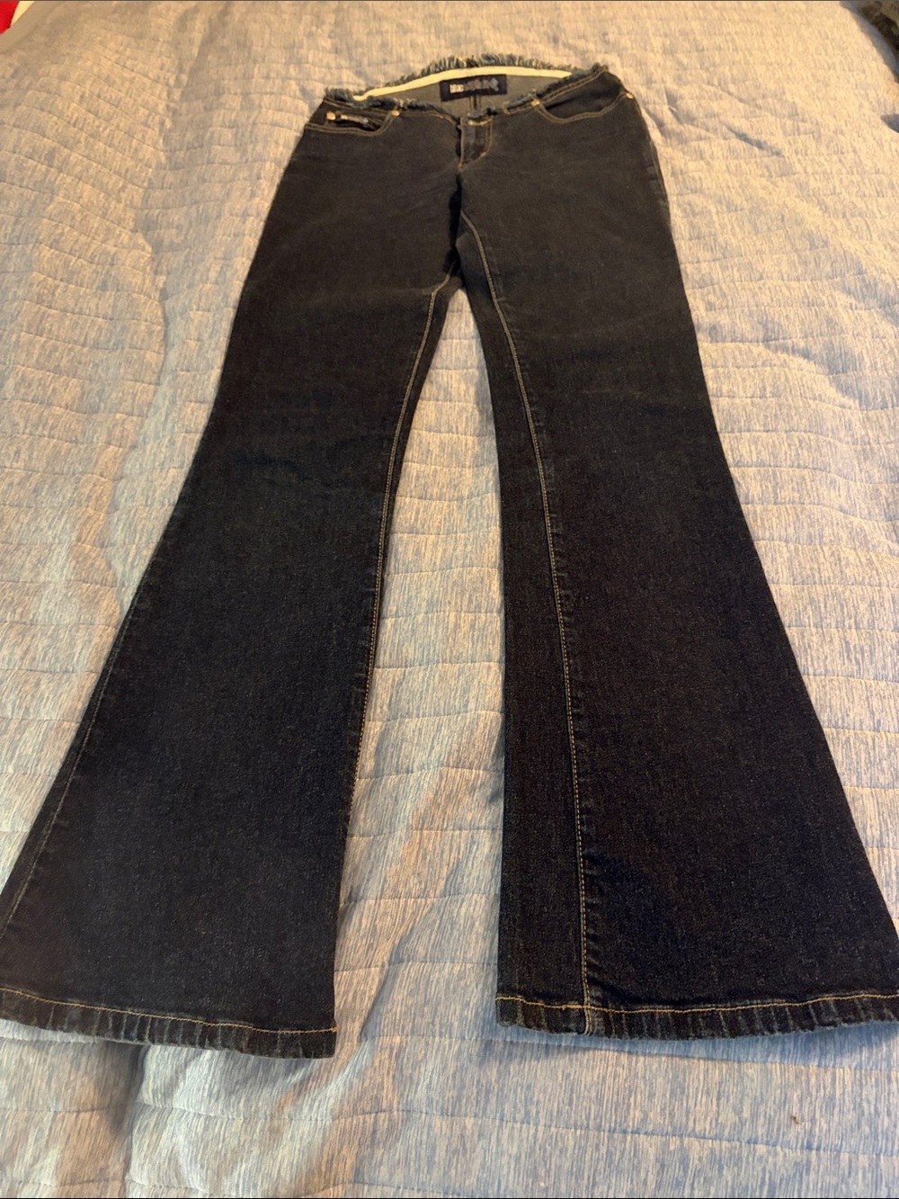 Blue Asphalt Dark Black Flare Jeans for Women with Wild Cherry crystal accent